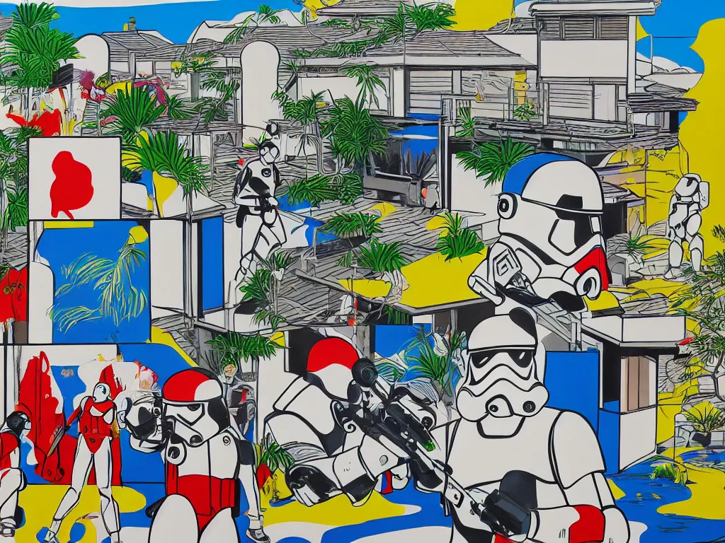 Prompt: hyperrealism composition of the japanese house with a hot springs onsen in the garden, two detailed stormtroopers in hot springs, pop - art style, jacky tsai style, andy warhol style, roy lichtenstein style, acrylic on canvas