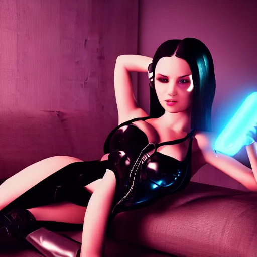 Image similar to On the sofa cybergirl is lying dressed as usual in black, all filtered through a cybernetic lens, studio lighting, lit by flashing pixel light, cinematic lightning, medium shot, mid-shot, highly detailed, trending on artstation, Unreal Engine 4k, cinematic wallpaper