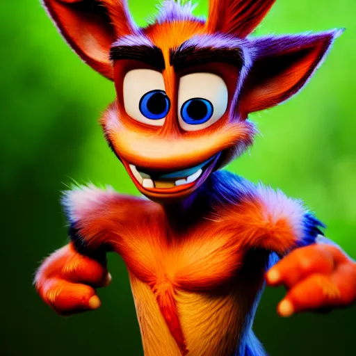 Image similar to photograph portrait of Crash Bandicoot, intricate detail, sigma 85mm f/1.4, 4k, depth of field, high resolution, 4k, 8k, hd