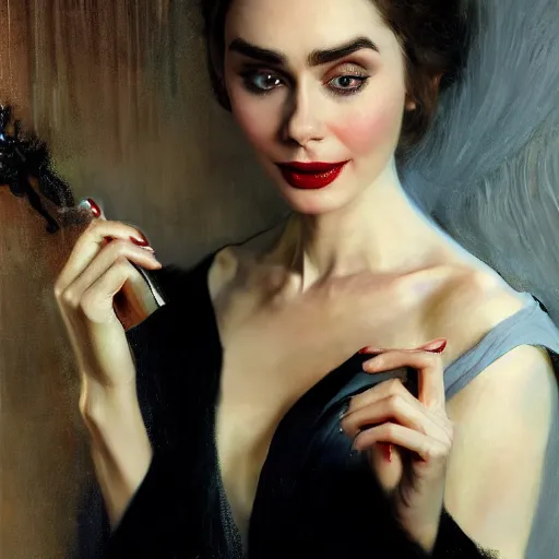 Prompt: detailed realistic cinematic wide shot of beautiful attractive lilly collins audrey hepburn vampire woman wearing black bath robe slim face symettrical face clean skin black eyes black robe smooth, sharp focus, ultra realistic, spring light, painting by gaston bussiere, craig mullins, j. c. leyendecker