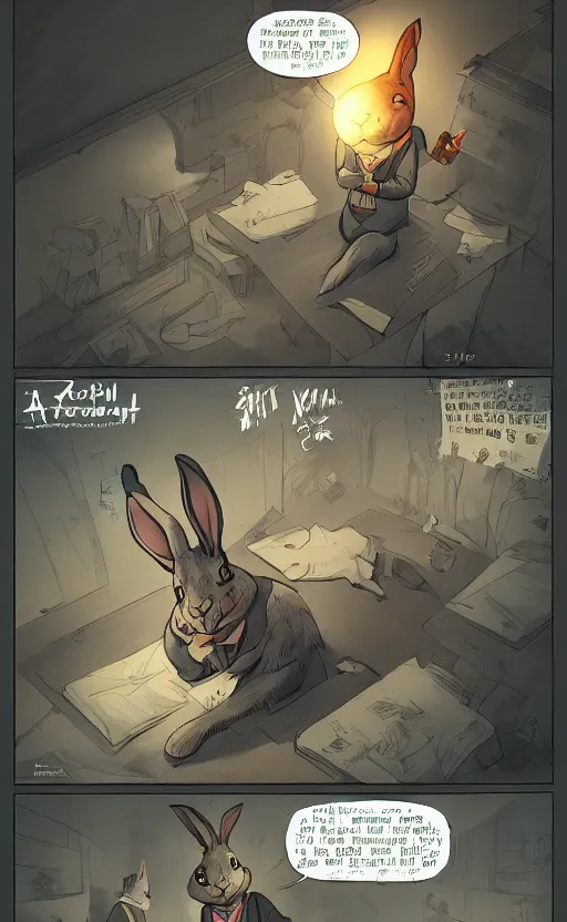 Image similar to rabbit as a hitman, dynamic lighting, fantasy concept art, trending on art station, stunning visuals, creative, cinematic, ultra detailed, comic strip style