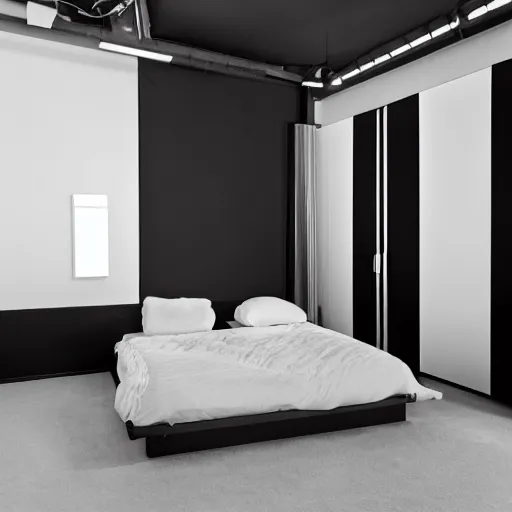 Prompt: photograph of a bedroom with horizontal zippers running through the room, the zippers are open on the left side with nothing but blackness behind