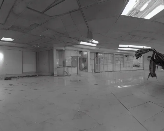 Prompt: camera footage of a Zerglings in an abandoned shopping mall, high exposure, dark, monochrome, camera, Unreal engine 5, grainy, CCTV, security camera footage, timestamp, zoomed in, fish-eye lens, Evil, Zerg, Brood, spider, horrifying, lunging at camera :4