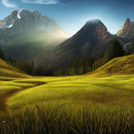 Prompt: most realistic very very sharp grass landscape covered with mountains