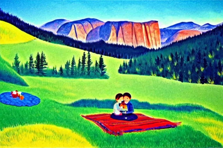 Image similar to ( ( ( ( ( ( ( a beautiful picnic scene in the rocky mountains ) ) ) ) ) ) ) by eric carle!!!!!!!!!!!!!!! detailed,