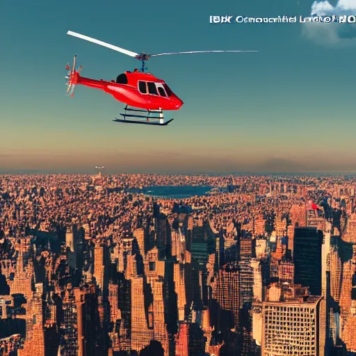 Image similar to helicopter, flying, new york skyline, 4k, HD, cinematic still, cinematic lighting