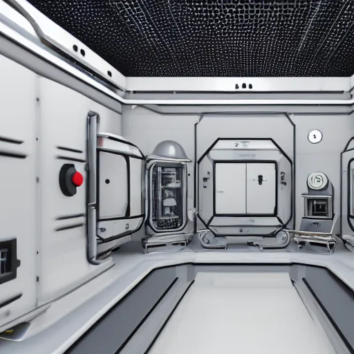 Image similar to space laboratory, cozy, simple, reflective surfaces, unreal engine 5 tech demo, unsplash