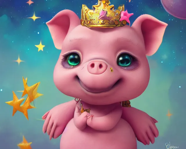 Image similar to 3D Fantasy Cute and adorable space piglet princess, huge adorable eyes, bright stars, Smooth 3D Illustration, soft render, Servando Lupini, Daniil Kudriavtsev, handpaint texture, Blender, 3DCoat