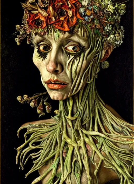 Image similar to beautiful and detailed rotten woman made of plants and many different types of flowers, muscles, intricate, organs, ornate, surreal, miguel angel, gustave courbet, caravaggio, romero ressendi, van gogh