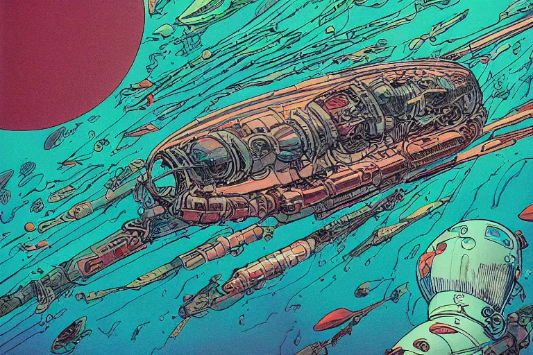 Prompt: risograph artwork of a biomechanical submarine underwater by Moebius and Alex Ross, intricately deteailed, trending on artstation