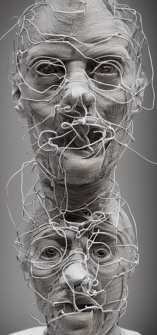 Image similar to human face made out of wires and pipes, disturbing, horror,