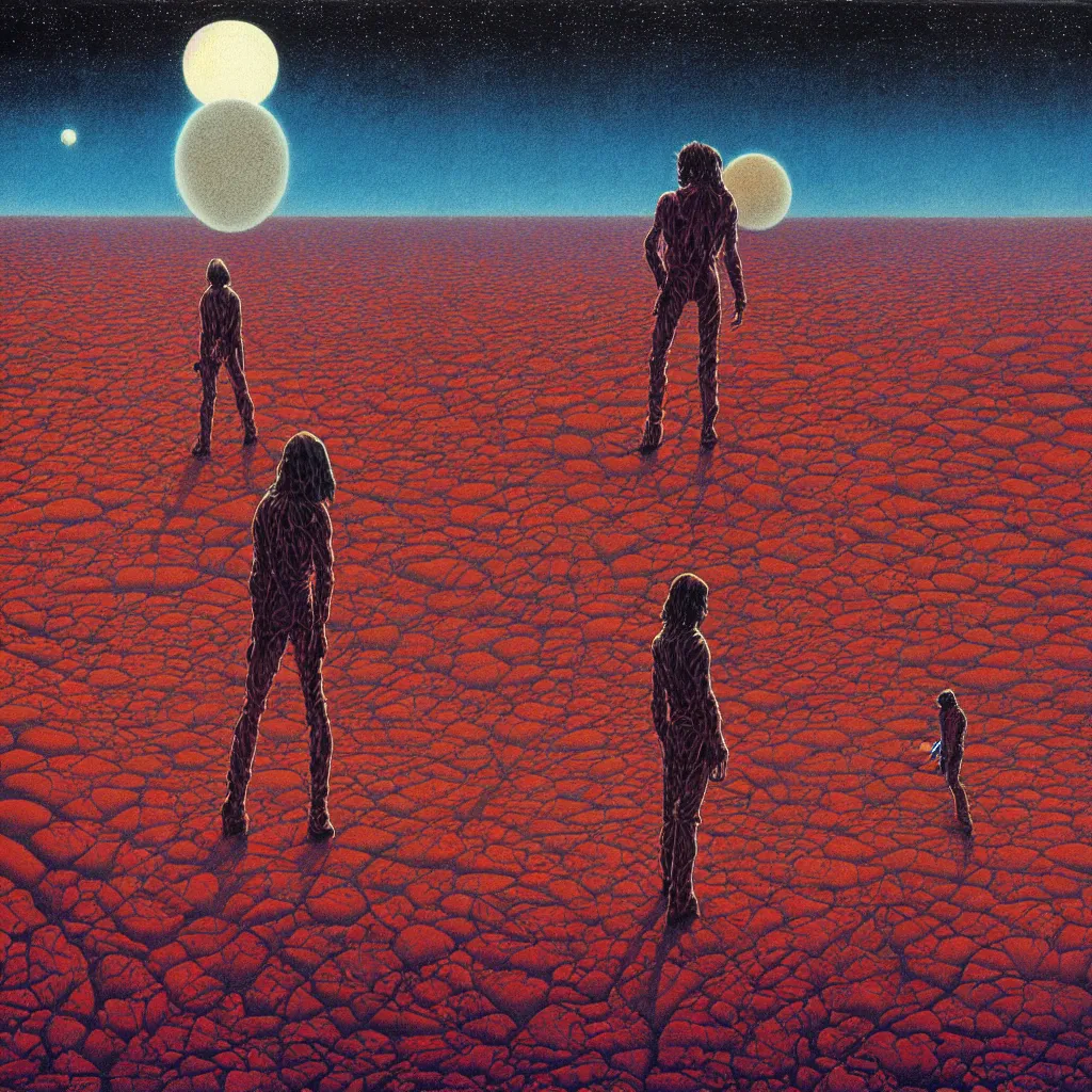 Prompt: high detailed lone person looking to its dying planet on a progressive rock 70s 80s album cover style by Barry Godber, psychedelic, oil paint on canvas, moebius, incal, realistic art, evangelion third impact inspired, Eliran Kantor, sand and desert environment, Eloy band, cinematic, unreal engine, high quality, eerily beautiful, cgsociety, 4K, UHD, Zdzisław Beksiński, by George Caleb Bingham and Donato Giancola and Bob Eggleton, trending on ArtStation, dune, pulp magazines cover art