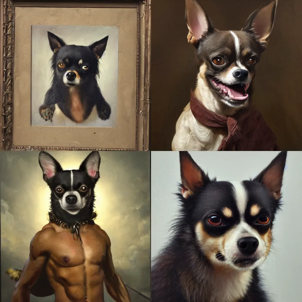 Prompt: subject: muscular barbarian dangerous angry oversized chihuahua anthropomorphic mid-body portrait, style: very detailed heavy textured rembrandt oil painting with dramatic light , very sharp detail