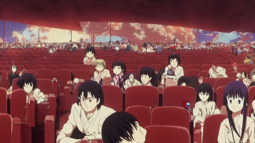 Image similar to people in a busy movie theatre, anime film still from the an anime directed by katsuhiro otomo with art direction by salvador dali, wide lens