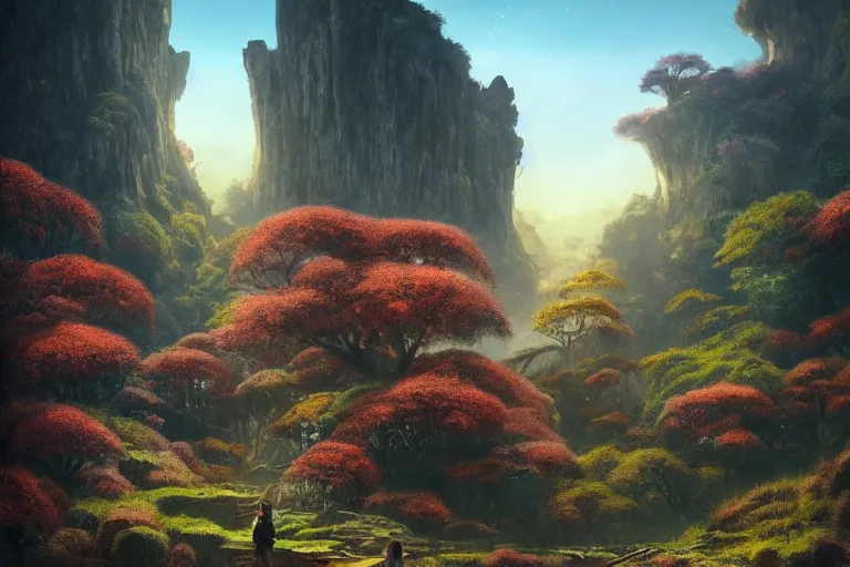 Prompt: Brutalist Shiro in Eden, daybreak morning lighting, amazing cinematic concept painting, by Jessica Rossier , Gleaming White, overlooking a valley, Himeji Rivendell Garden of Eden, autumn maples, wildflowers and grasses, terraced orchards and ponds, lush fertile fecund, fruit trees, by Brian Froud by Beksinski