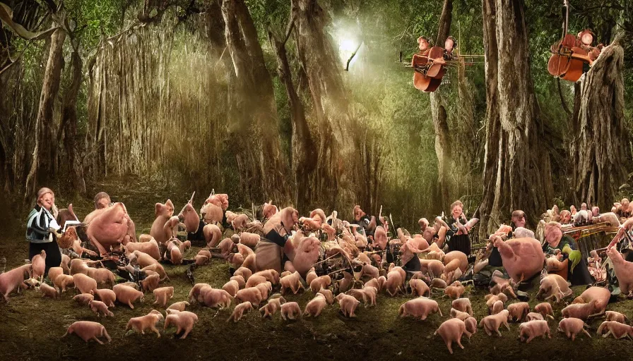 Image similar to a crowd of pigs playing orchestral instruments in a grindcore show in the middle of a liminal forest, realistic, 4 k,