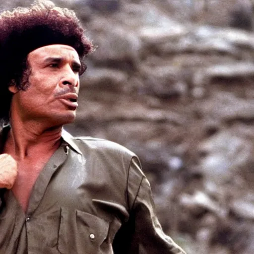 Image similar to A still of Muammar Gaddafi as Rambo in Rambo First Blood (1982)