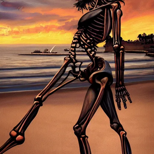 Image similar to Professional painting of anatomically correct skeleton in bikini walks along the beach, big nuclear bomb explosion in the background, trending on Artstation, realistic, ultra detail