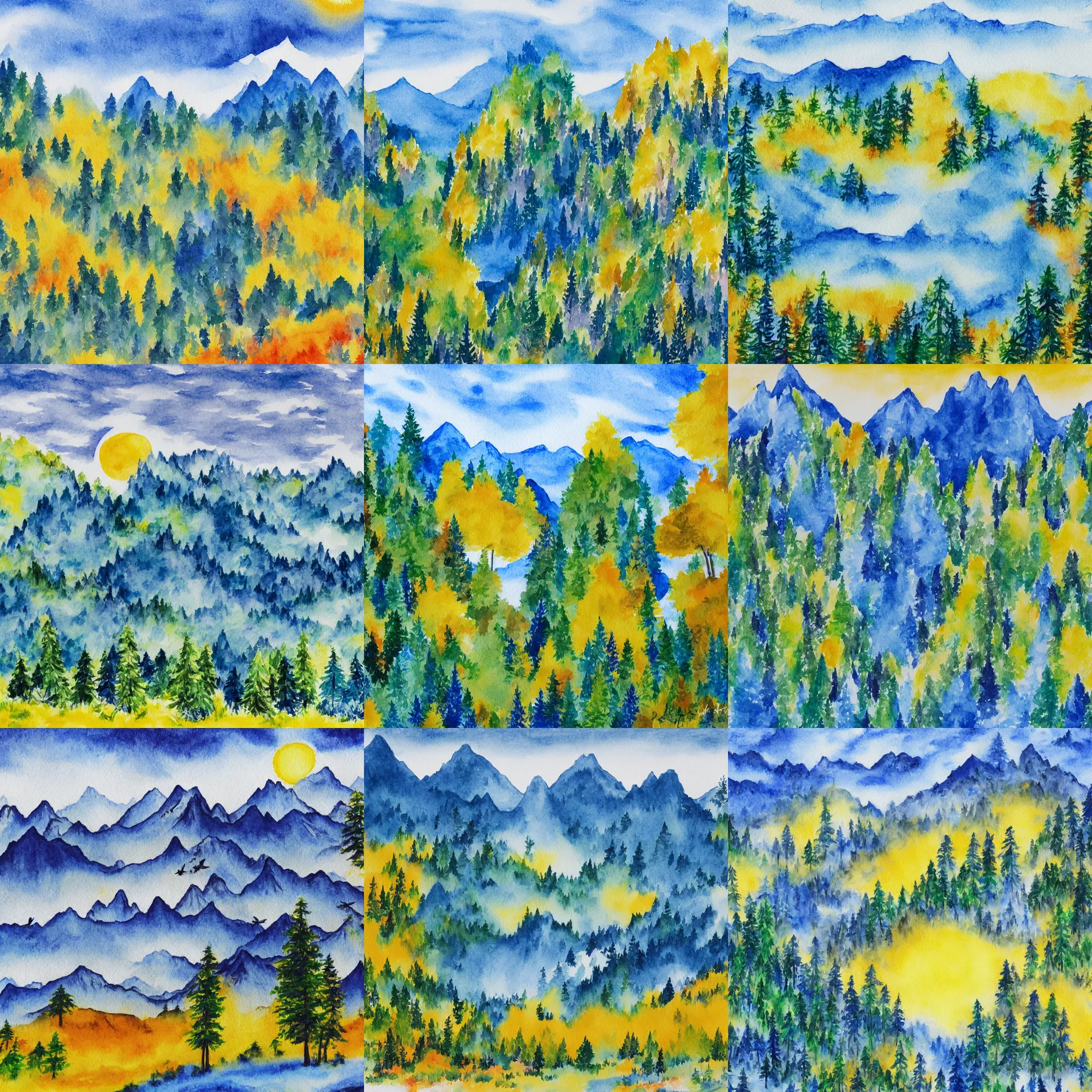 Prompt: water color painting of layered blue mountains with a white background, a bright yellow sun, and very happy trees and birds. in the style of bob ross.