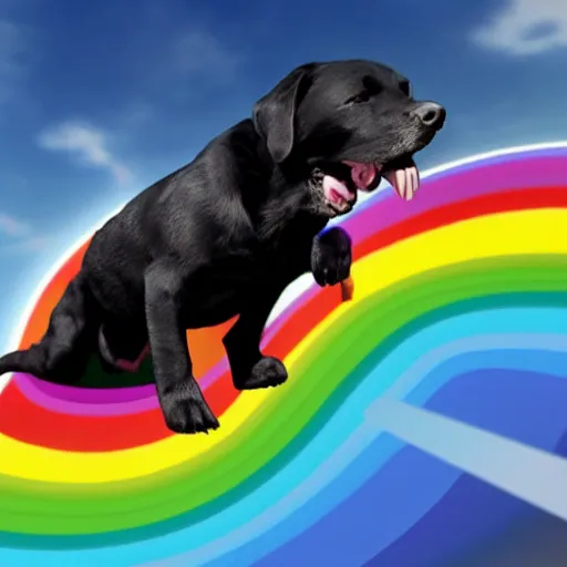 Image similar to adorable black lab chasing a hotdog across a rainbow, very detailed, 4 k, by disney