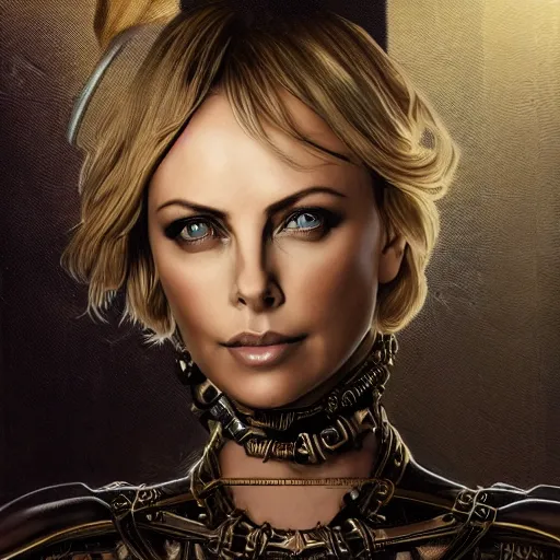 Image similar to beautiful Charlize Theron, perfect face and boy, in detailed steampunk dress, smooth, sharp focus, illustration, realistic, cinematic, artstation, gold, ornate, award winning, original modern artwork, set on H. R. Giger aesthetic, rgb ethereal lighting,8k