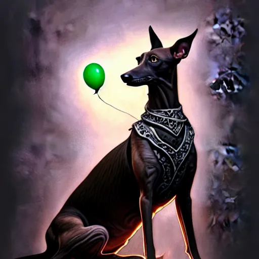 Prompt: a dark brindle greyhound with a grey face is laying down with a happy anniversary balloon floating above him, d & d, fantasy, intricate, elegant, highly detailed, digital painting, artstation, concept art, matte, sharp focus, illustration, hearthstone, art by artgerm and greg rutkowski and alphonse mucha