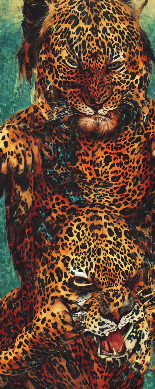 Image similar to the painting of a shaman turning into a jaguar 4 k render