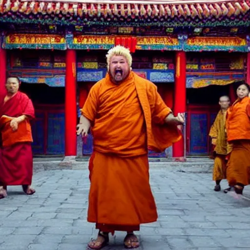 Image similar to VFX movie of ((Guy Fieri as a Tibetan monk)) dancing with fire in a Chinese courtyard by Emmanuel Lubezki