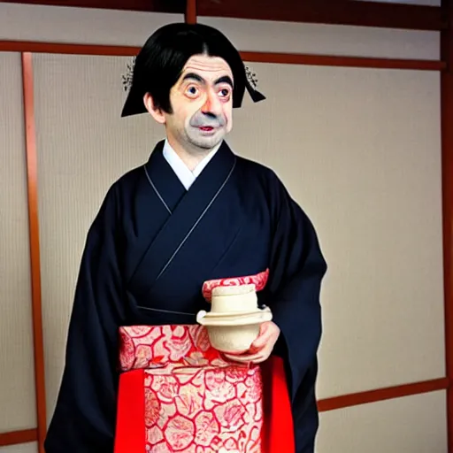 Image similar to mr bean dressed as a traditional japanese woman