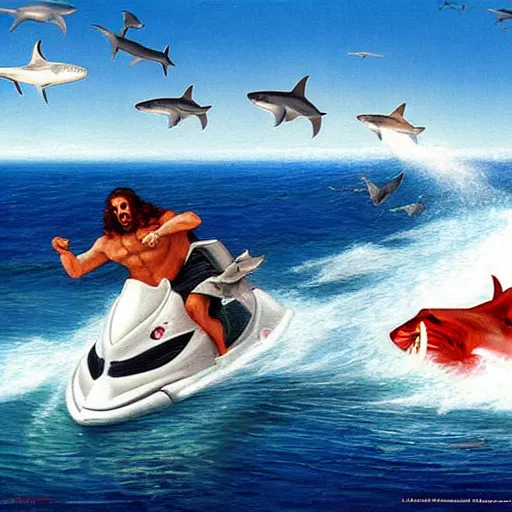 Image similar to Jesus riding a jetski being chased by sharks, painting by Jon McNaughton