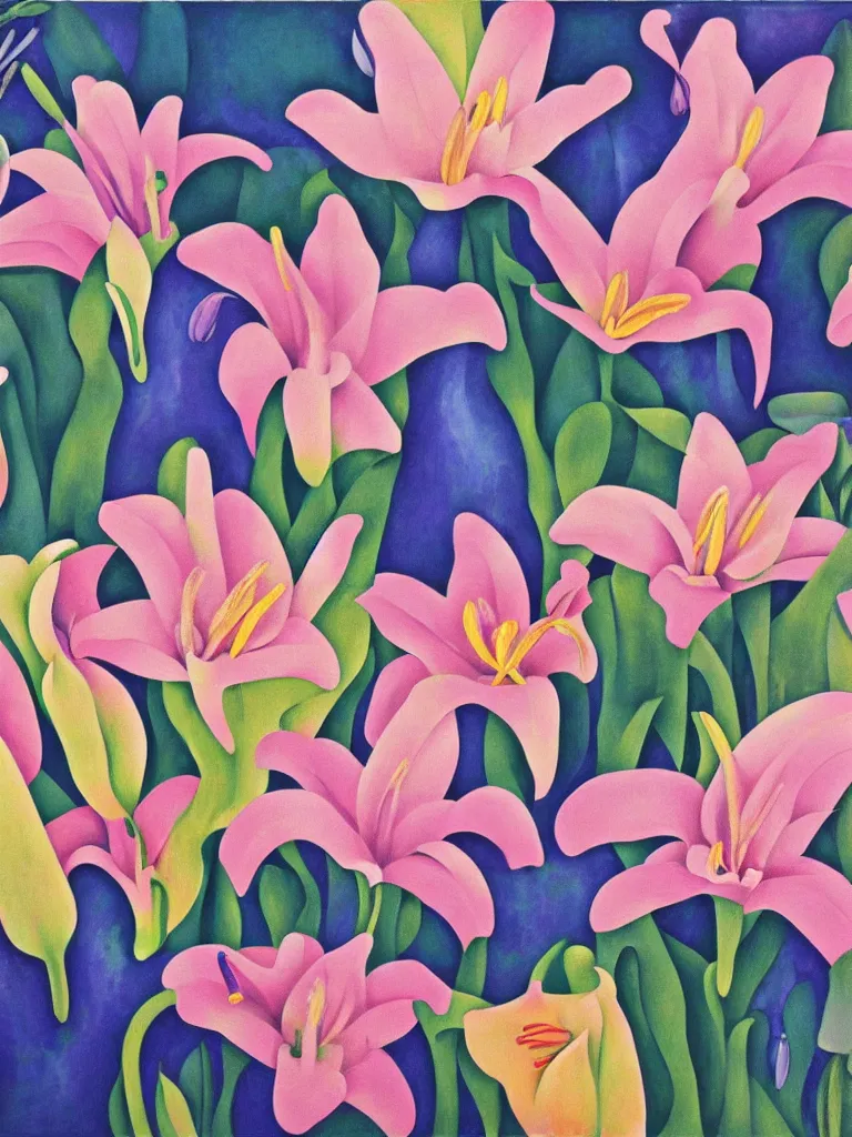 Image similar to an abstract painting of lilies in a pond by georgia o'keeffe,