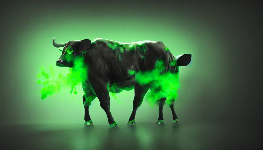 Prompt: mutant cow, green smoke, green light, dark background, horror, hyperdetailed, artstation, cgsociety, 8 k