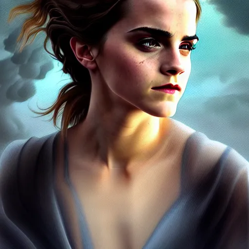 Image similar to Very funny Emma Watson looking like an old monkey, colorful painting on grey scale face, powerful , magic, thunders, dramatic lighting, intricate, wild, highly detailed, digital painting, artstation, concept art, smooth, sharp focus, illustration, art by artgerm and greg rutkowski and alphonse mucha, footage