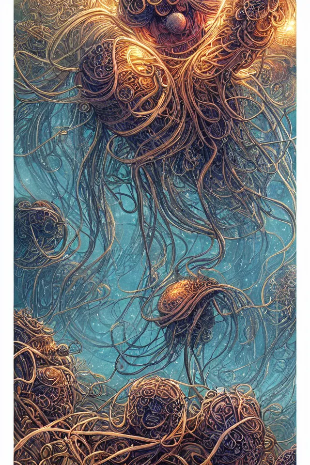 Image similar to a beautiful hyperrealistic ultradetailed comic cover art of gigantic glowing complex multi-layered intricate jellyfish creatures with long flowing tendrils, by Justin Gerard and Laurie Greasley and Peter Mohrbacher and Dan Mumford, tarot card art, detailed shading, micro details, dramatic lighting, volumetric lighting, 8k