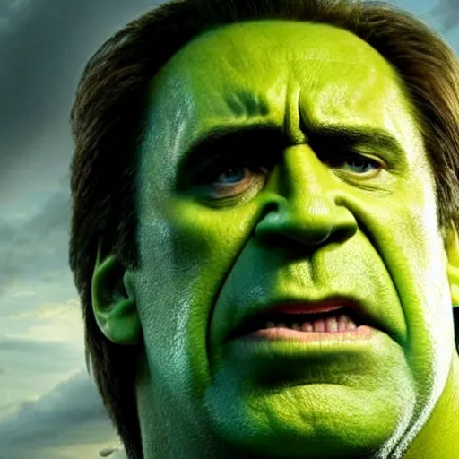 Prompt: film still of Nic Cage as Hulk in Avengers Endgame