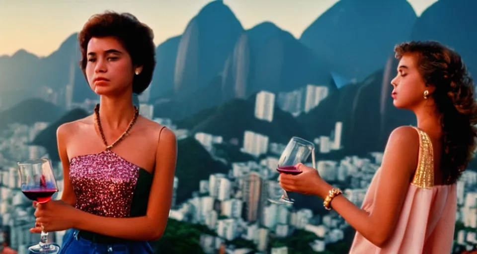 Prompt: 1 9 8 6 movie screencap of a girl with a glass of wine on a rio de janeiro, gucci clothes, sparkles sky, beautiful favela background extremely utra high quality photo 8 k