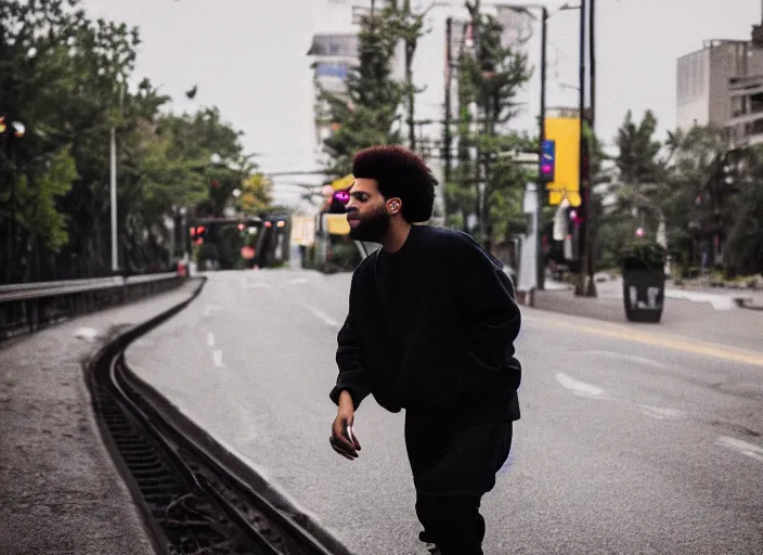 Image similar to dslr photo still of the weeknd on a monday, 8 k, 8 5 mm f 1. 8