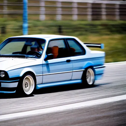 Prompt: a rolling shot of a modified bmw e 3 0 with lights on, on a street race track, motion blur, 3 5 mm photography, car photography, clean lines, realistic