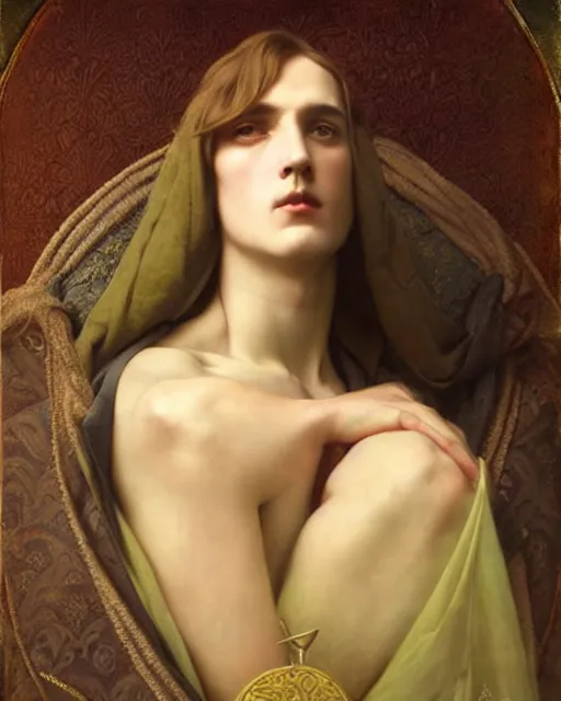 Image similar to a portrait of the prince of masculinity, art by tom bagshaw and manuel sanjulian and thomas cooper gotch, pre raphaelite, art nouveau