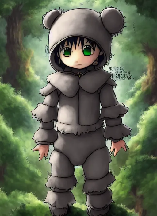 Image similar to beautiful little boy wearing an cyborg bear suit, artwork in kentaro miura and made in abyss and rosdraws, smooth, beautiful lightness, anatomically correct, trending on pixiv, forest