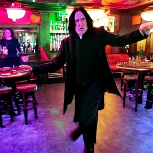 Image similar to Severus Snape dances in a bar, neon, realistic, full body, very detailed, super realistic