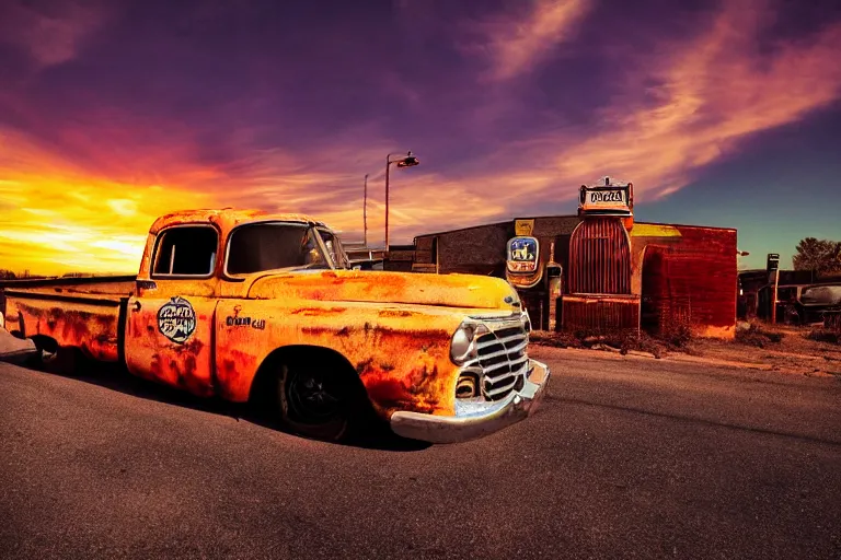 Image similar to a sunset light landscape with historical route 6 6, lots of sparkling details and sun ray ’ s, blinding backlight, smoke, volumetric lighting, colorful, octane, 3 5 mm, abandoned gas station, old rusty pickup - truck, beautiful epic colored reflections, very colorful heavenly, softlight