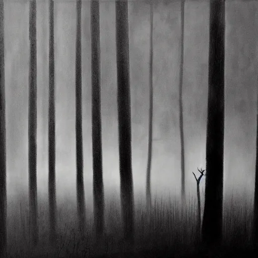 Prompt: a Stephen Gammell style black and white oil painting of a shadowy figure standing in a clearing in the middle of a dark forest