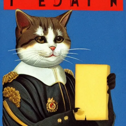 Image similar to a propaganda poster depicting a cat dressed as French emperor Napoleon holding a piece of cheese