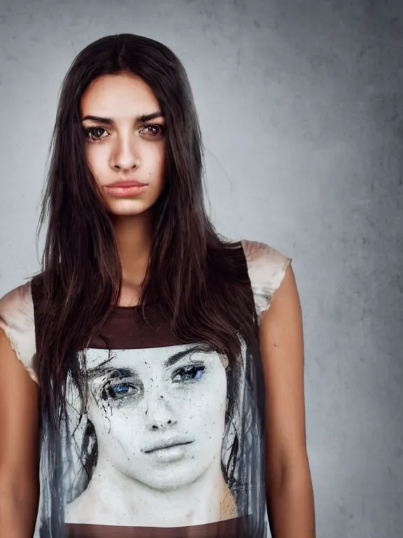 Prompt: hyperdetailed photo of a beautiful italian girl, brown eyes, dark hair, winds of winter, with ripped transparent crop t - shirt
