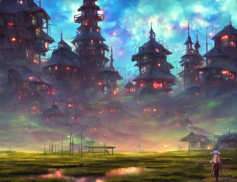 Prompt: futuristic fantasy village at a mire. this air brush painting by the award - winning anime artist has an interesting color scheme, plenty of details and impeccable lighting.