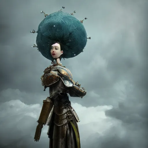 Image similar to medium shot of a woman wearing an armor made of thunderous clouds. coherent face. soft. fragile. by ray caesar. by louise dahl - wolfe. by anna claren. surreal photography. octane render