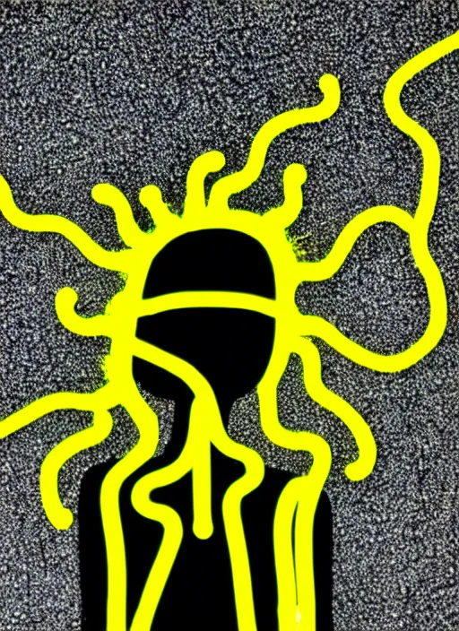 Image similar to highly detailed closeup portrait of wasteland wavy glowing yellow and white plasma hair cute happy tribal lady, stray electric spark wiring by jean jullien, 4 k resolution, gradient yellow, black and white color scheme!!! ( ( dystopian city background ) )