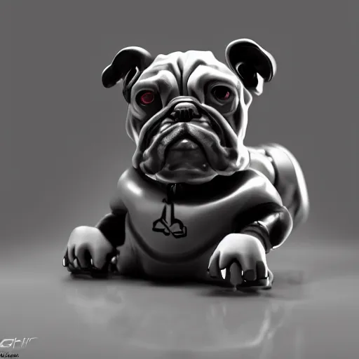 Prompt: « a cartoon cyborg bulldog sitting down, cyberpunk art by grillo demo, cgsociety, 2 d art, future tech, made of liquid metal, sketchfab »