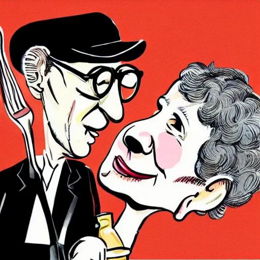 Prompt: caricature illustration of woody allen french - kissing a giant silver spoon